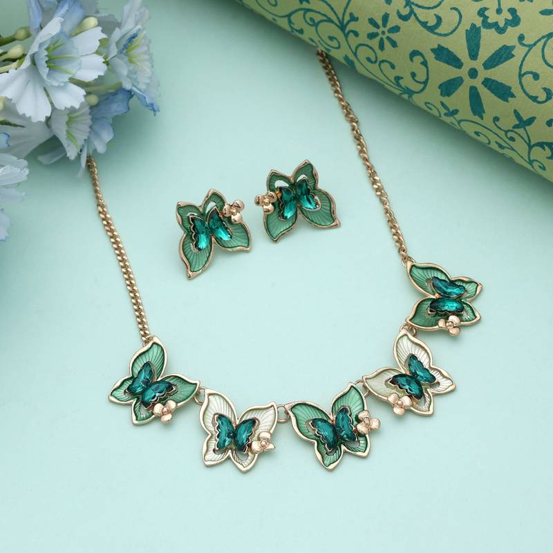 Green color butterfly design anti tarnish necklace set