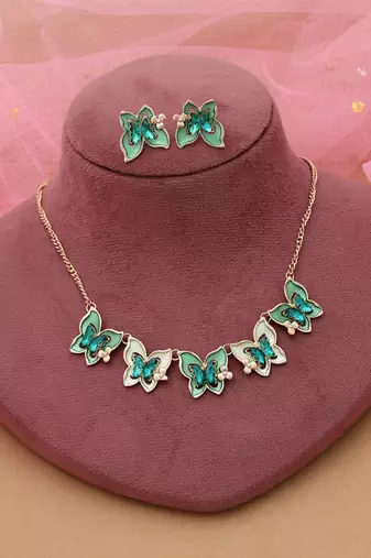 Green color butterfly design anti tarnish necklace set