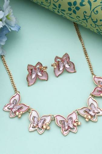 Pink color butterfly design anti tarnish necklace set stylish fashion