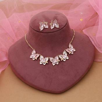 Pink color butterfly design anti tarnish necklace set stylish fashion 2