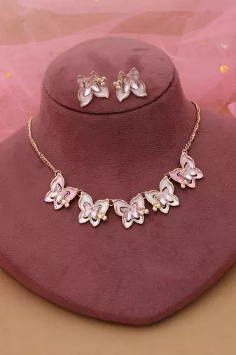 Pink color butterfly design anti tarnish necklace set stylish fashion