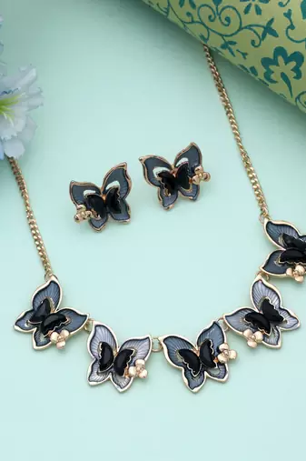 Black color butterfly design anti tarnish necklace set statement style