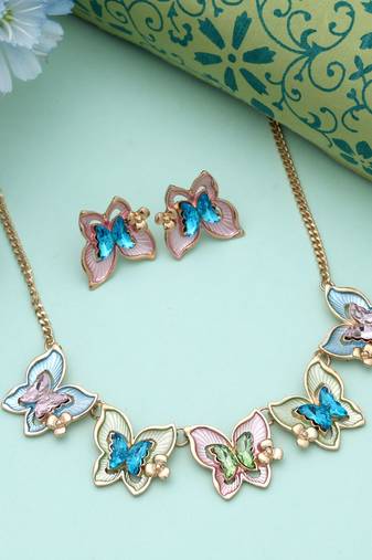 Multi color butterfly design anti tarnish necklace set festive style