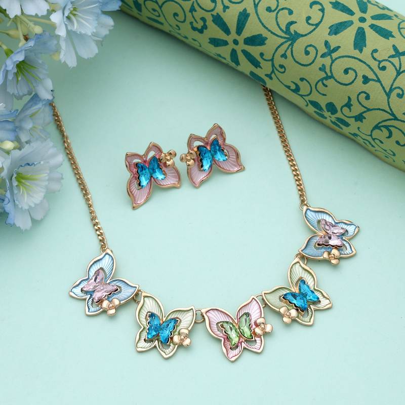 Multi color butterfly design anti tarnish necklace set festive style