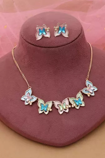 Multi color butterfly design anti tarnish necklace set festive style