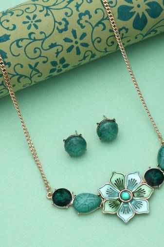 Green color flower design anti tarnish necklace set floral style