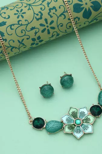 Green color flower design anti tarnish necklace set floral style