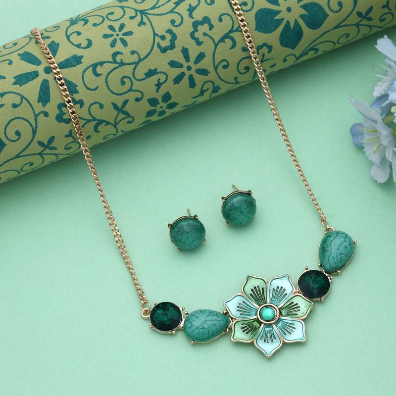 Green color flower design anti tarnish necklace set floral style
