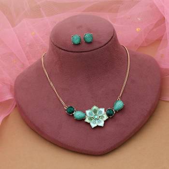 Green color flower design anti tarnish necklace set floral style 2