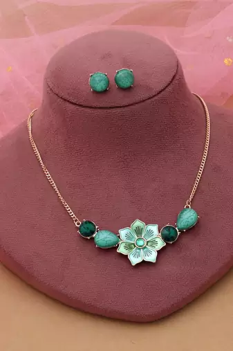 Green color flower design anti tarnish necklace set floral style