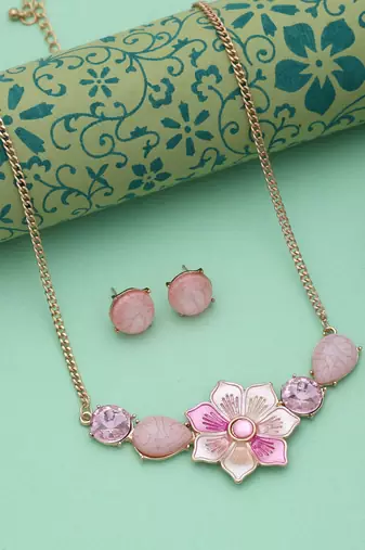 Pink color flower design anti tarnish necklace set elegant floral