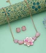 Pink color flower design anti tarnish necklace set elegant floral