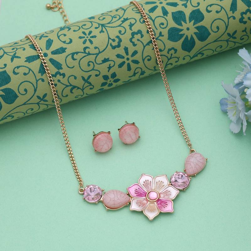 Pink color flower design anti tarnish necklace set elegant floral
