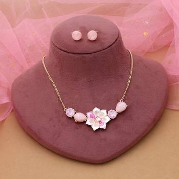 Pink color flower design anti tarnish necklace set elegant floral 2