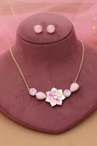 Pink color flower design anti tarnish necklace set elegant floral