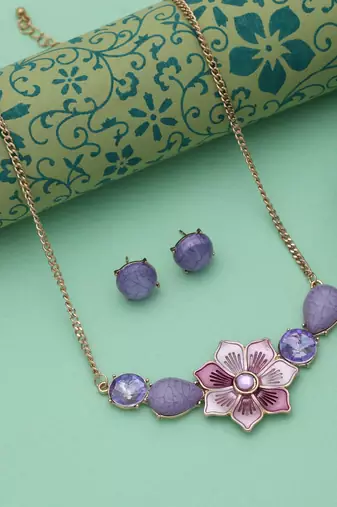 Purple color flower design anti tarnish necklace set royal style