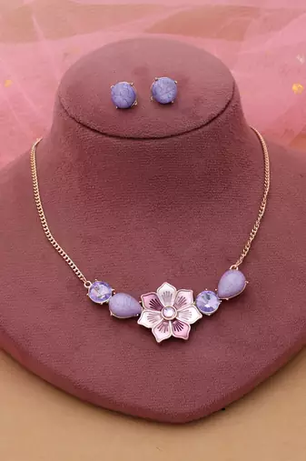 Purple color flower design anti tarnish necklace set royal style
