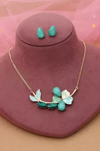 Green color flower design anti tarnish necklace set festive look