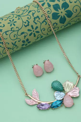 Multi color flower design anti tarnish necklace set artistic floral