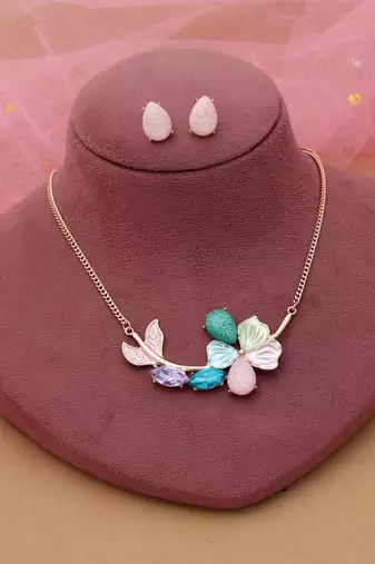 Multi color flower design anti tarnish necklace set artistic floral