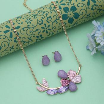 Purple color flower design anti tarnish necklace set evening style 1