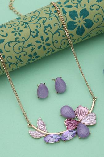Purple color flower design anti tarnish necklace set evening style