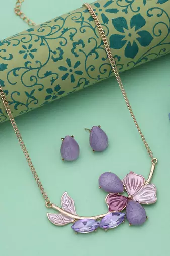 Purple color flower design anti tarnish necklace set evening style