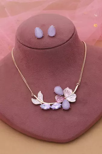 Purple color flower design anti tarnish necklace set evening style