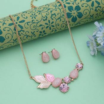 Pink color anti tarnish necklace set feminine fashion 1