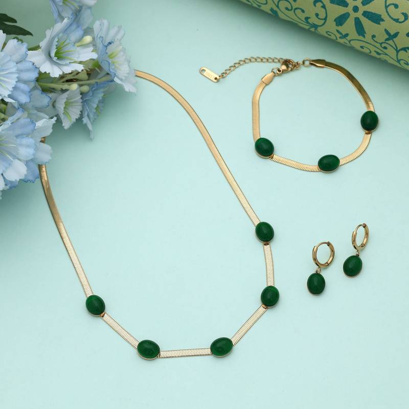 Green color anti tarnish necklace set contemporary jewelry
