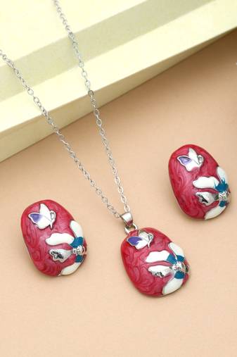 Dark pink color meena work anti tarnish necklace set artistic style