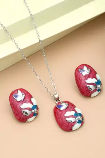 Dark pink color meena work anti tarnish necklace set artistic style