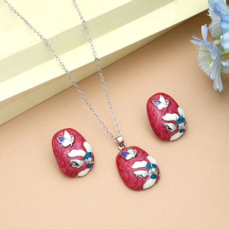 Dark pink color meena work anti tarnish necklace set artistic style