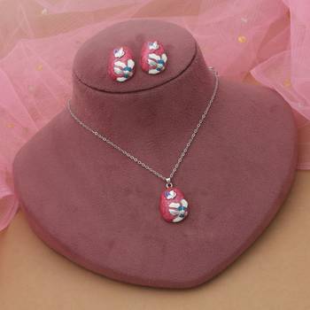 Dark pink color meena work anti tarnish necklace set artistic style 2