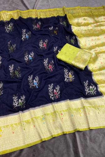 Navy Blue Color Jari Jaqurad Weaving With Hand Chap Daying Georgette Saree