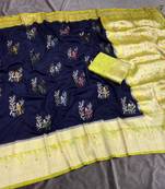 Navy Blue Color Jari Jaqurad Weaving With Hand Chap Daying Georgette Saree