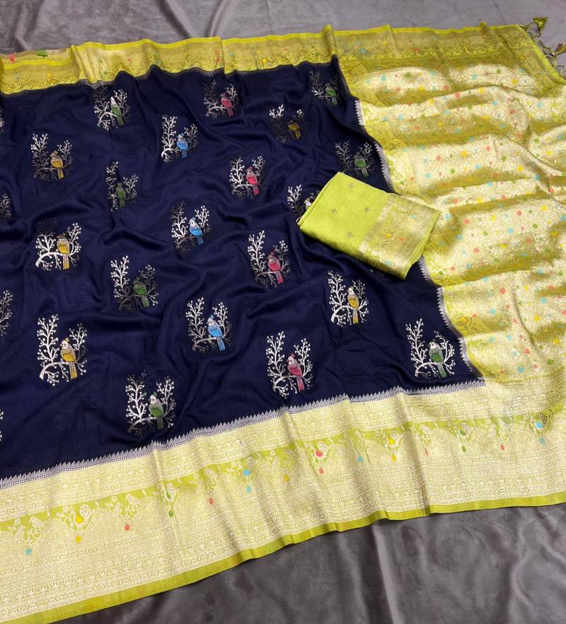 Navy Blue Color Jari Jaqurad Weaving With Hand Chap Daying Georgette Saree