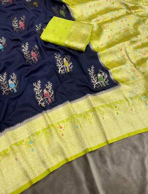 Navy Blue Color Jari Jaqurad Weaving With Hand Chap Daying Georgette Saree 2