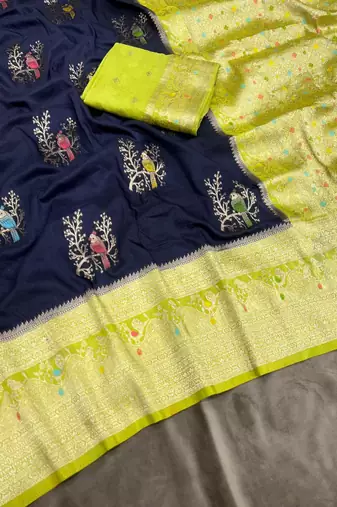Navy Blue Color Jari Jaqurad Weaving With Hand Chap Daying Georgette Saree