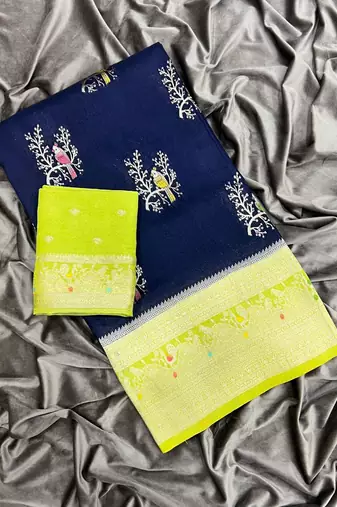 Navy Blue Color Jari Jaqurad Weaving With Hand Chap Daying Georgette Saree