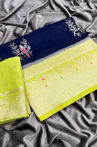 Navy Blue Color Jari Jaqurad Weaving With Hand Chap Daying Georgette Saree