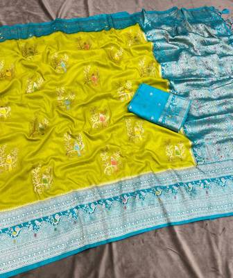 Parrot Green Color Jari Jaqurad Weaving With Hand Chap Daying Georgette Saree 2