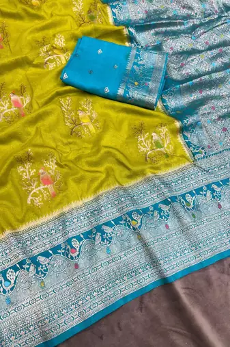 Parrot Green Color Jari Jaqurad Weaving With Hand Chap Daying Georgette Saree