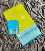 Parrot Green Color Jari Jaqurad Weaving With Hand Chap Daying Georgette Saree