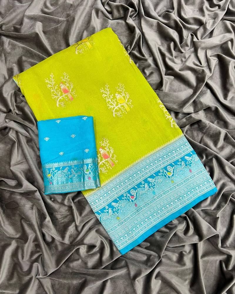 Parrot Green Color Jari Jaqurad Weaving With Hand Chap Daying Georgette Saree