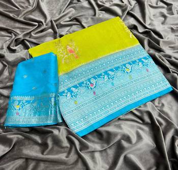 Parrot Green Color Jari Jaqurad Weaving With Hand Chap Daying Georgette Saree 4