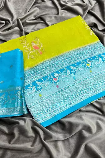 Parrot Green Color Jari Jaqurad Weaving With Hand Chap Daying Georgette Saree