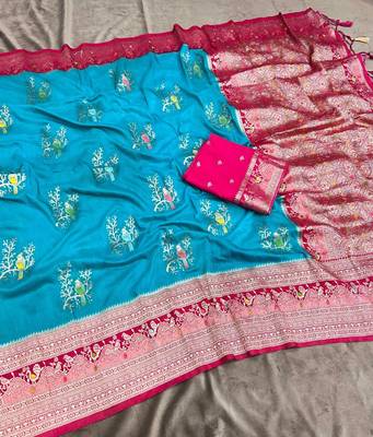 Sky Blue Color Jari Jaqurad Weaving With Hand Chap Daying Georgette Saree 2
