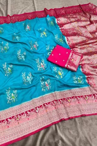 Sky Blue Color Jari Jaqurad Weaving With Hand Chap Daying Georgette Saree