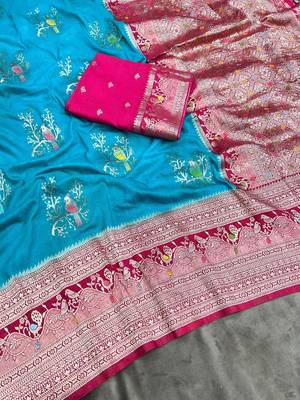 Sky Blue Color Jari Jaqurad Weaving With Hand Chap Daying Georgette Saree 3
